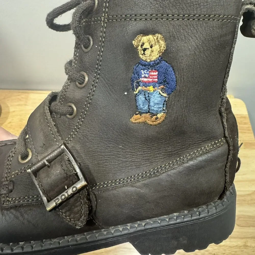 Polo Ralph Lauren Bear Boots Youth 1 Reverse Suede Ranger Hi II Buckle‎ Combat